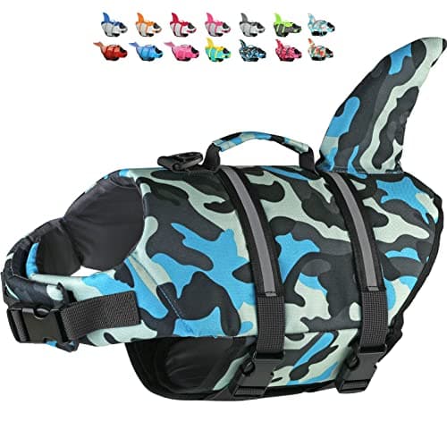 Dogcheer Dog Life Jacket Shark, Ripstop Dog Life Vest for Swimming Boating with Reflective Stripes & Rescue Handle, High Buoyancy Pet PFD Swim Vest for Small Medium Large Dogs - Camo Blue, M