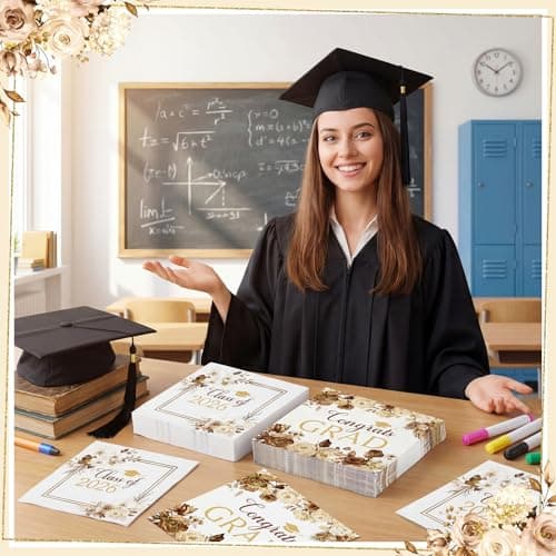80 Pcs Boho Graduation Napkins, 6.5 Inch Boho Floral Congrats Grad Party Napkins Gold and White Class of 2026 Paper Napkin for High School College Graduation Party Decorations - Thumbnail 6