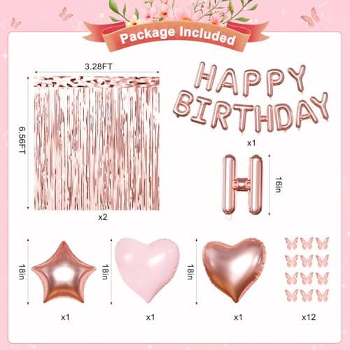 Rose Gold Birthday Decorations, Gold Pink Peach White Balloons Confetti Foil Balloons Happy Birthday Banner Butterfly Fringe Curtains birthday Decorations for Women Teens Girls - Thumbnail 6