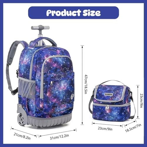 BAMIFEI 18 Inch Purple Galaxy Rolling Backpack for Girls, Galaxy Backpacks Girls Backpack with Wheels School Backpack Spacious Multiple Compartments Quiet Wheels Travel Backpack for Kids - Thumbnail 2