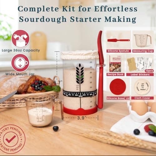 Sourdough Starter Kit - 38oz with Cookbook, Measuring Cup, Spatula, Wide Mouth Jar Cover, Thermometer, Date Marked Feeding Band, Glass Jar for Baker, Bread Baking Supplies - Thumbnail 2