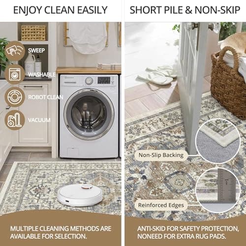 EiniHliw 2x6 Washable Kitchen Runner Rug, Non Slip Vintage Runner Rugs for Hallway, Ultra-Thin Low Pile Distressed Kitchen Rugs Non Skid, Machine Washable Laundry Entryway Indoor Carpet,Beige/Blue - Thumbnail 5