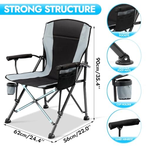 2 Pack Oversized Folding Camping Chair for Adults, Supports 450 LBS Camping Chairs, Heavy Duty Camping Chair with Side Pockets, Foldable Outdoor Chair for Camping, Beach, Fishing, Hiking, Black-Gray - Thumbnail 2