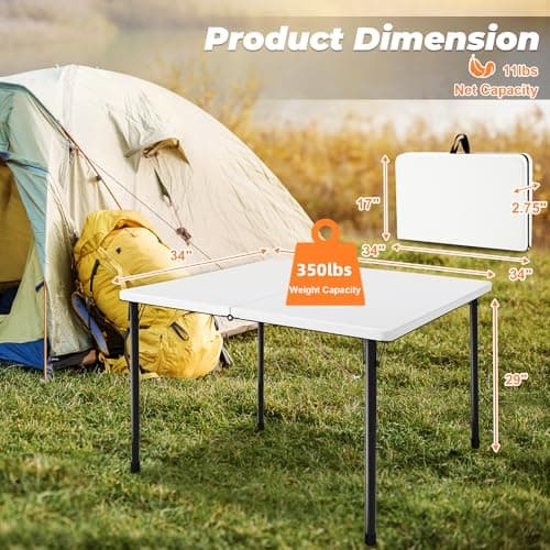 Outspurge 34" Folding Table, Portable Square Camping Card Table with Collapsible Legs & Carrying Handle, Plastic Tables for Outdoor Cooking,Camping,Picnic, Office, Party, White - Thumbnail 3