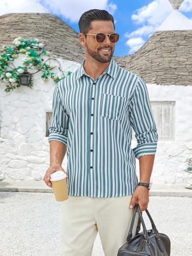 Hardaddy Men's Classic Color Contrast Striped Shirt Long Sleeve Casual Button Down Shirts Blouse Blue 01 XXL - Thumbnail 2