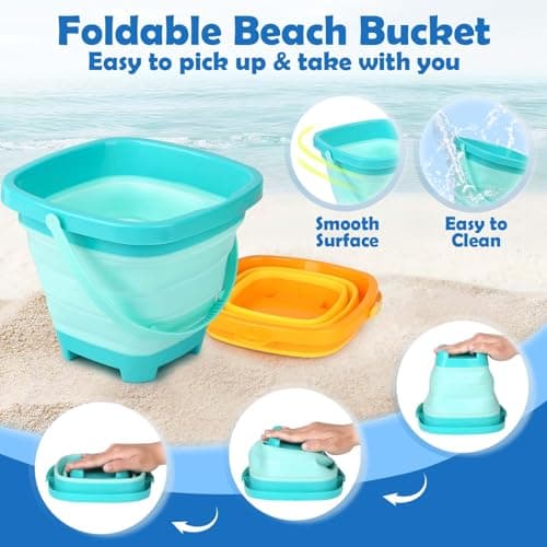 Dreamon Beach Toys for Kids 3-10, Collapsible Sand Toys Include 3 Pack Foldable Buckets with Mesh Bag, 24 PCS Beach Mold and Shovels Molds, Travel Sandbox Beach Toys for Toddler - Thumbnail 4