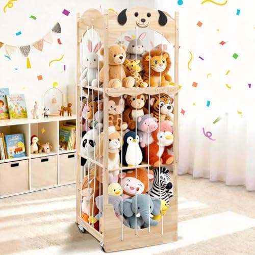 Stuffed Animal Storage & Organizer, Wooden Zoo Toy Holder with Cute Puppy Design, Large Plushies & Stuffy Storage with Elastic Cords, Kids Stuffed Animal Cage for Playroom, Bedroom, Nursery