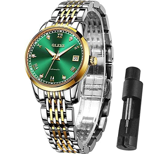 OLEVS Women's Automatic Watch, Self Winding Luxury Mechanical Wristwatch, Two Tone Gold Stainless Steel Green Dial with Diamond Indexes, Waterproof Luminous Dress Watch for Ladies - Image 1