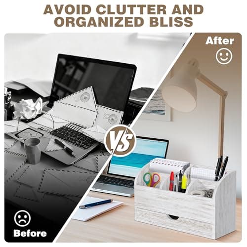 SeekElegant Wood Mail Organizer with Drawer & Pen Holder, White Mail Holder with 5 Detachable Compartments, Desk Organizer for Bill Envelope Storage, for Office Entryway Kitchen Countertop - Thumbnail 4