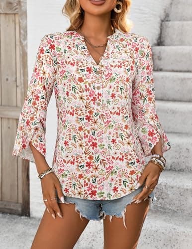 LOOKBOHO Womens 3/4 Sleeve Tops Dressy Casual Boho Blouses Ruffle Sleeve Button V-Neck Business Tops White&Red XL - Thumbnail 6