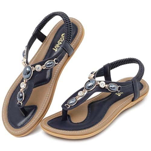 Goldnut Flat Sandals for Women Bohemian, Summer Comfortable Slingback Arch Support Thong Flats Dressy with Rhinestone Decor Navy Blue Size 6.5