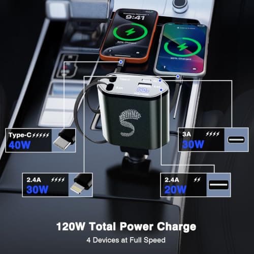 Retractable Car Charger USB C Fast Charging 120W, Car Accessories Cigarette Lighter Adapter Car iPhone17 16 15 14 13, Galaxy S26, Pixel Charger Travel Essentials Gift for Travelers, Men, Women - Thumbnail 4
