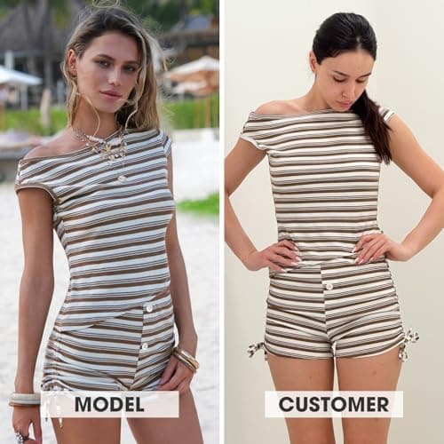 EXLURA Women 2 Piece Summer Outfits Casual Striped Lounge Set Ribbed Knit Off Shoulder Short Sleeve Top and Drawstring Shorts - Thumbnail 2