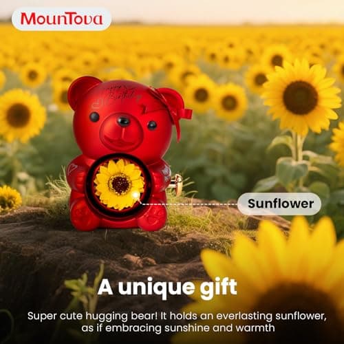 mountova Birthday Gifts for Women, Lucky Sunflower Bear with Four-Leaf Clover Necklace Gift for Girlfriend Wife, Happy Birthday Gift for Daughter Sister Mom Grandma, Surprise Jewelry Box, Red - Thumbnail 2