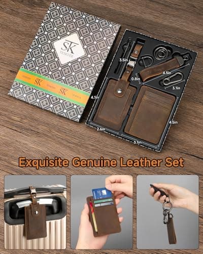 Teskyer Leather Gifts for Men, Premium Leather Gift Set with Slim Wallet, Travel Luggage Tag & Car Keychain, Elegant Gift Box for Father's Day, Birthday, Anniversary, Retirement & Graduation - Coffee - Thumbnail 5