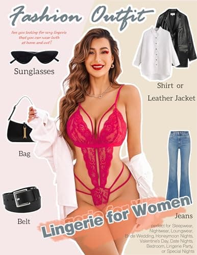 Avidlove Lingerie for Women Bodysuit Fishnet Babydoll Underwear (Rose Red, Medium) - Thumbnail 5