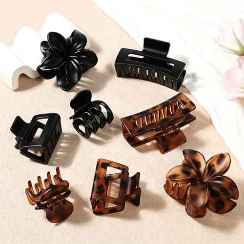 8 Pcs Matte Hair Clips for Women, Strong Hold Non-Slip Claw Clips for Girls, Flower Hair Clips for Thin Hair, Rectangle Claw Clips for Thick Hair, Neutral Colors Hair Accessories (Deep Leopard)