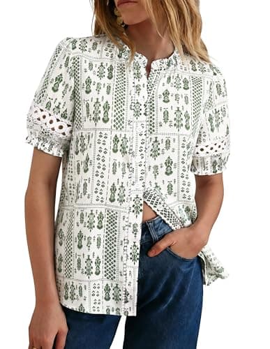 GRACE KARIN Women Boho Floral Tops, Summer Short Eyelet Sleeve Dressy Casual Shirts, Spring Button Down Blouse 2026 Trendy Light Green XX-Large