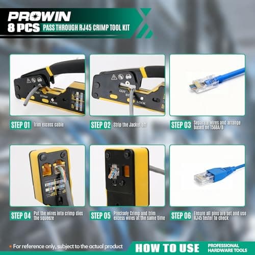 Prowin Pass Through RJ45 Crimper Kit with Cable Tester, Ethernet Crimping Tool for Cat5 Cat5e Cat6 Cat6a & RJ11 RJ12 Connectors (Includes Stripper, Blades) Professional Network Tool Set - Thumbnail 5