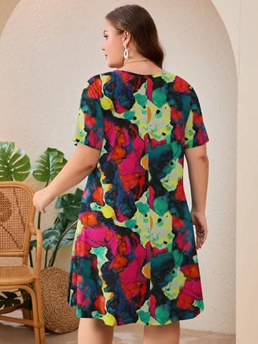 AusLook Plus Size Midi Dress for Women Multicolored 4X Short Sleeve V Neck Criss Cross A Line Summer Casual Vacation Dress T-Shirt 2026 Sundresses with Pockets - Thumbnail 6