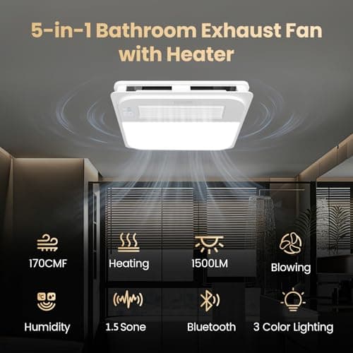 LIVSGREE 5-IN-1 Bathroom Exhaust Fan with Heater 1600W & 3CCT LED Light & Humidity Sensor, & Bluetooth Speaker, 170 CFM, 6-RGB, 1.5 Sone Quiet Ceiling Bath Fan With Remote Control for Bathroom Heating - Thumbnail 2