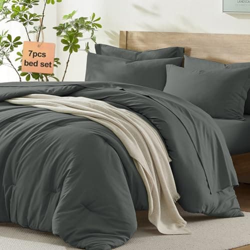 Homelike Moment Queen Comforter Set with Sheets, 7 Piece Grey Comforter Set Queen Size, Full Size Bed in a Bag Lightweight and Machine Washable - Image 1