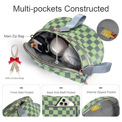 Bum Bags for Women Checkered Crossbody Bag Large Nylon Belt Purse Fanny Packs, Bonus with a Extra Strap - Thumbnail 4