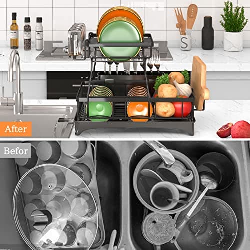 Godboat Dish Drying Rack, 2-Tier Dish Rack with Auto-Drain & Mat, Dish Racks for Kitchen Counter, Dish Drainer with Knife, Fork & Cup Rack, Gifts for Women, Mothers Day, Cool Stuff & Kitchen Gadgets - Thumbnail 3