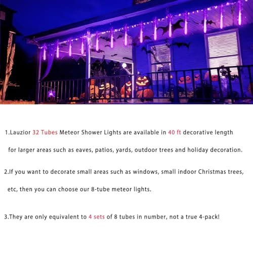 Lauzior Christmas Decoration Outdoors - 32 Tubes Meteor Shower Lights, Waterproof Falling Rain Lights for Halloween Decor Xmas Tree Garden Yard Wedding Party, Purple - Thumbnail 4