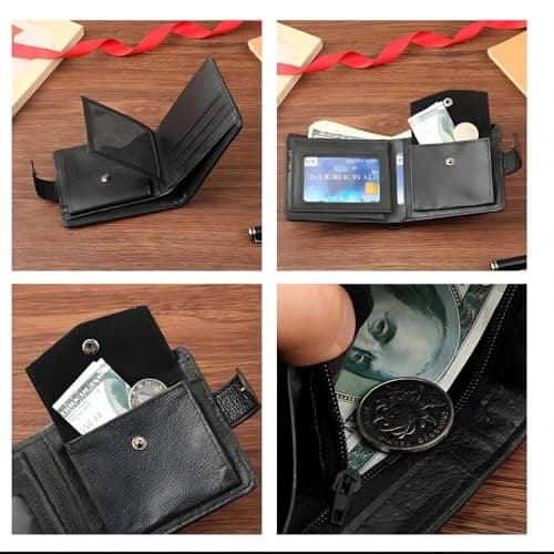 Aaspad Leather Wallet for Men's Gift Bifold Style Fasten with Belt Buckle Button Closure Bank Credit Card Slots Coin/Airtag pockets and 2 transparent Photos and ID Windows(Black) - Thumbnail 4