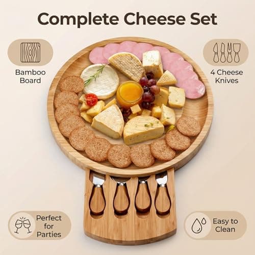 Charcuterie Boards Gift Set - Premium Bamboo Cheese Board Set with 4 PCS Knife Set, Serving Plates Housewarming, Wedding,Christmas Charcuterie Board, Hostess Gifts - Thumbnail 2