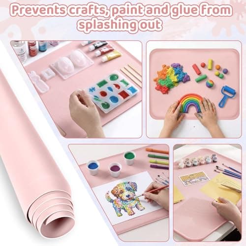 Extra Large Silicone Painting Mat for Crafts, 24”x 19” Waterproof Art Mat with Raised Sides, for Paint, Clay Playdough, & Jewelry-Making (Pink) - Thumbnail 3