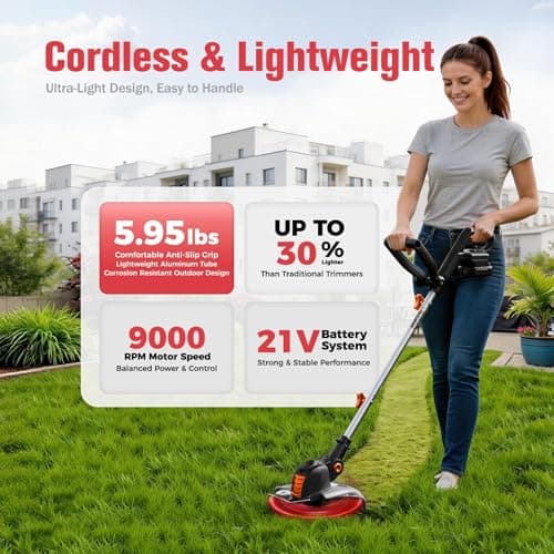 Electric Weed Wacker String Trimmer:2 x 4.0Ah Batteries Cordless Weed Eater 21V Battery Powered with 12" Cutting Width, Eco Friendly Grass Cutter Edger Lawn Tool with Fast Charger - Thumbnail 5