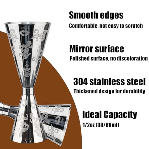 Jigger for Bartending, Cocktail Jigger 30ml 60ml with Measurements Inside, 304 Stainless Steel Jigger, bar Accessories, Cocktail Measuring Cup, Silver, Etched - Thumbnail 3