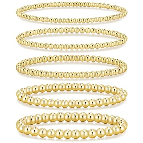Gold Beaded Bracelets for Women, 5 Pcs Dainty 14K Gold Plated Chunky Stretch Bead Ball Bracelet Stack - Image 1