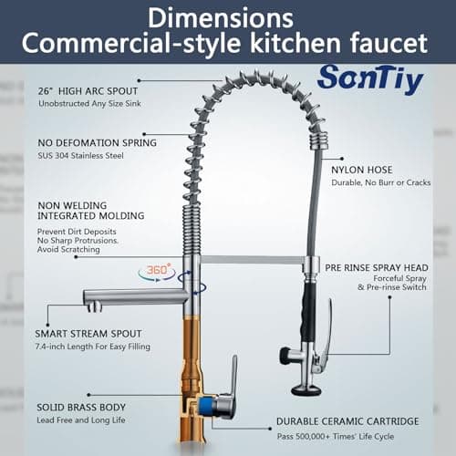 Commercial Kitchen Faucet with 26.25" High Arch Pull-Down Sprayer, Solid Brass Single Handle Pre-Rinse Spring Kitchen Sink Faucet with Dual-Function Spray Head, Chrome Double-Headed Kitchen Faucets - Thumbnail 4