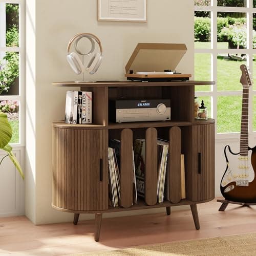 Azaeahom Record Player Stand with Vinyl Storage, Record Player Table with Charging Station, Record Holder & Record Shelf for 150+ Albums, Vinyl Record Storage Cabinet, Turntable Stand for Living Room - Image 1