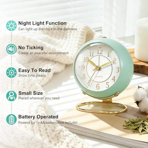 Azxb Analog Alarm Clock, Retro Small Desk Clock with Night Light, Backlight Cute Simple Design, Silent Non-Ticking, Battery Powered, Clock for Bedroom,Travel,Kitchen,Bedside Desktop Decor - Thumbnail 2