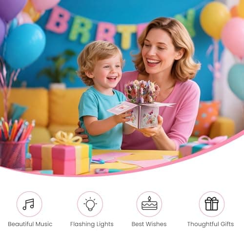 mountova 3D Pop Up Birthday Cards with Music, LED Light Musical Happy Birthday Gift Box for Women, Flowers and Butterflies Handmade Foldable Flower Box with Envelope for Mom Wife Daughter Sister - Thumbnail 3