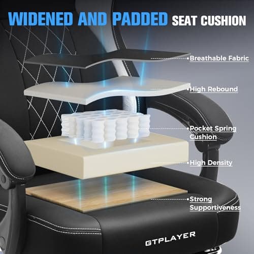 GTPLAYER Big and Tall Gaming Chair Breathable Fabric Computer Chair with Strong Lumbar Support, Comfortable Office Chairs with Pocket Spring Cushion, High Back Ergonomic Desk Chairs with Footrest - Thumbnail 5