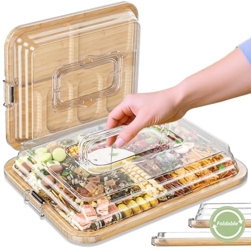 Charcuterie Boards with Foldable Lid, Portable Bamboo Cheese Board with 6 Compartments, Clear Locking Lid and Handle, Easy to Store, Suitable for Picnics, Camping, Parties & Housewarming Gifts - Image 1