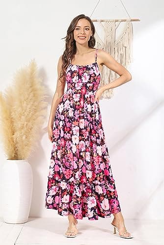 GRACE KARIN Summer Dresses for Women 2026 Vacation,Smocked Floral Maxi Dresses,Boho Beach Long Sundress Purple Black Floral M - Thumbnail 3