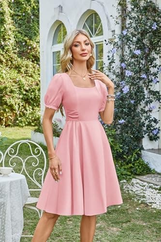 Belle Poque Light Pink Vintage 1950s Cocktail Party Dress 2026 Summer Square Neck Flowy Midi Baby Bridal Shower Dress L - Thumbnail 3