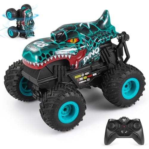 DYODYORC Remote Control Car, 2.4Ghz All Terrain Dinosaur Monster Truck Toys, RC Truck with Music, 3 Lighting Effects, 360 Stunt Capable, 2 Batteries Ready to Run, Toy Gifts for Boys and Girls (Cyan)
