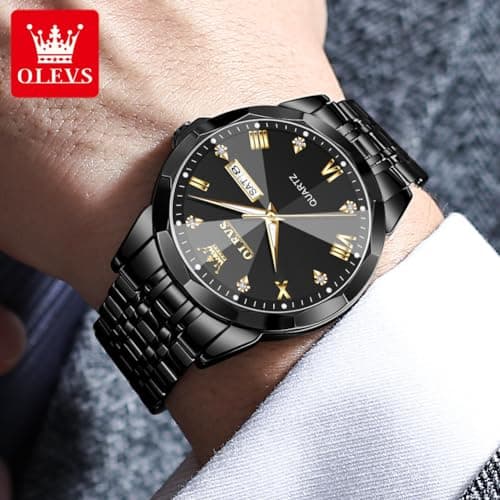 OLEVS Watch Mens Black Watches for Men Diamnond Dial Luxury Stainless Steel Watch for Men All Black Reloj - Thumbnail 6
