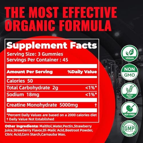 Natures Aid NSF Certified Creatine Gummy 5g - Creatine Monohydrate Gummies – Pre-Workout Energy & Muscle Growth Support for Men & Women | Strawberry Electrolyte Gummies (135 Count) - Thumbnail 3