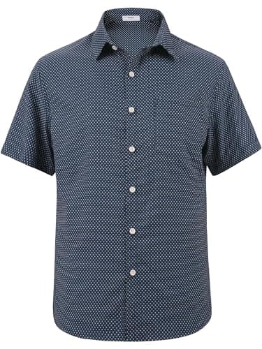 KYKU Mens Casual Button Down Shirts Short Sleeve Pattern Printed Summer Dress Shirts for Men with Pocket Navy Blue S - Image 1