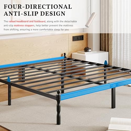 ZIYOO 14 inch Full Bed Frames with Mattress Slide Stopper, Vintage Style, 1500LBS Heavy Duty Steel Slats, Prevent Mattress from Sliding, No Box Spring Needed, Platform Noise-Free - Thumbnail 3