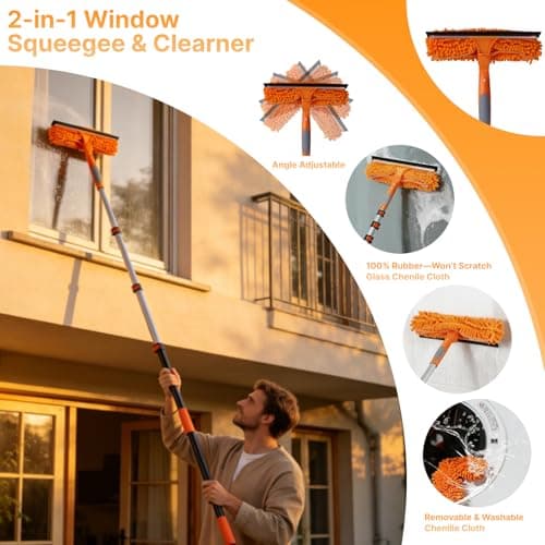 Newfinder 7-in-1 High Ceiling Duster Kit with 4-12ft Extension Pole, Ceiling Fan Duster, Cobweb Duster, Microfiber Duster, Window Cleaner & Squeegee, Wall Mop, 20ft Reach Duster with Extension Pole - Thumbnail 4