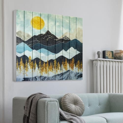 Abstract Mountain Canvas Ribbon Wall Art Forest Tree Sunrise Landscape Painting Boho Wall Decor Handmade Unique Textured Prints for Living Room Bedroom Bathroom Office Kitchen Home Decor 20" x 20" - Image 1